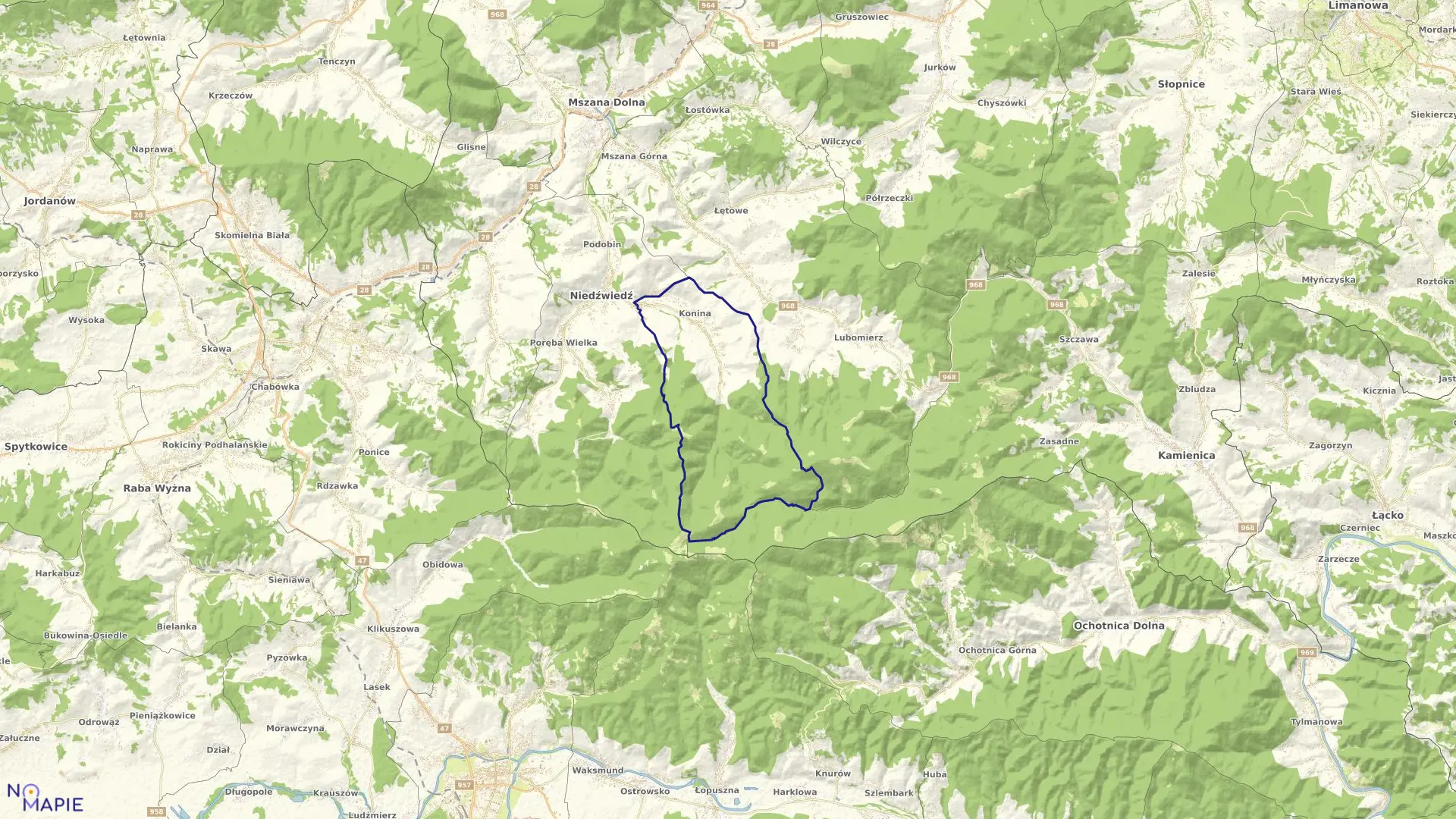 Mapa obrębu Konina w gminie Niedźwiedź