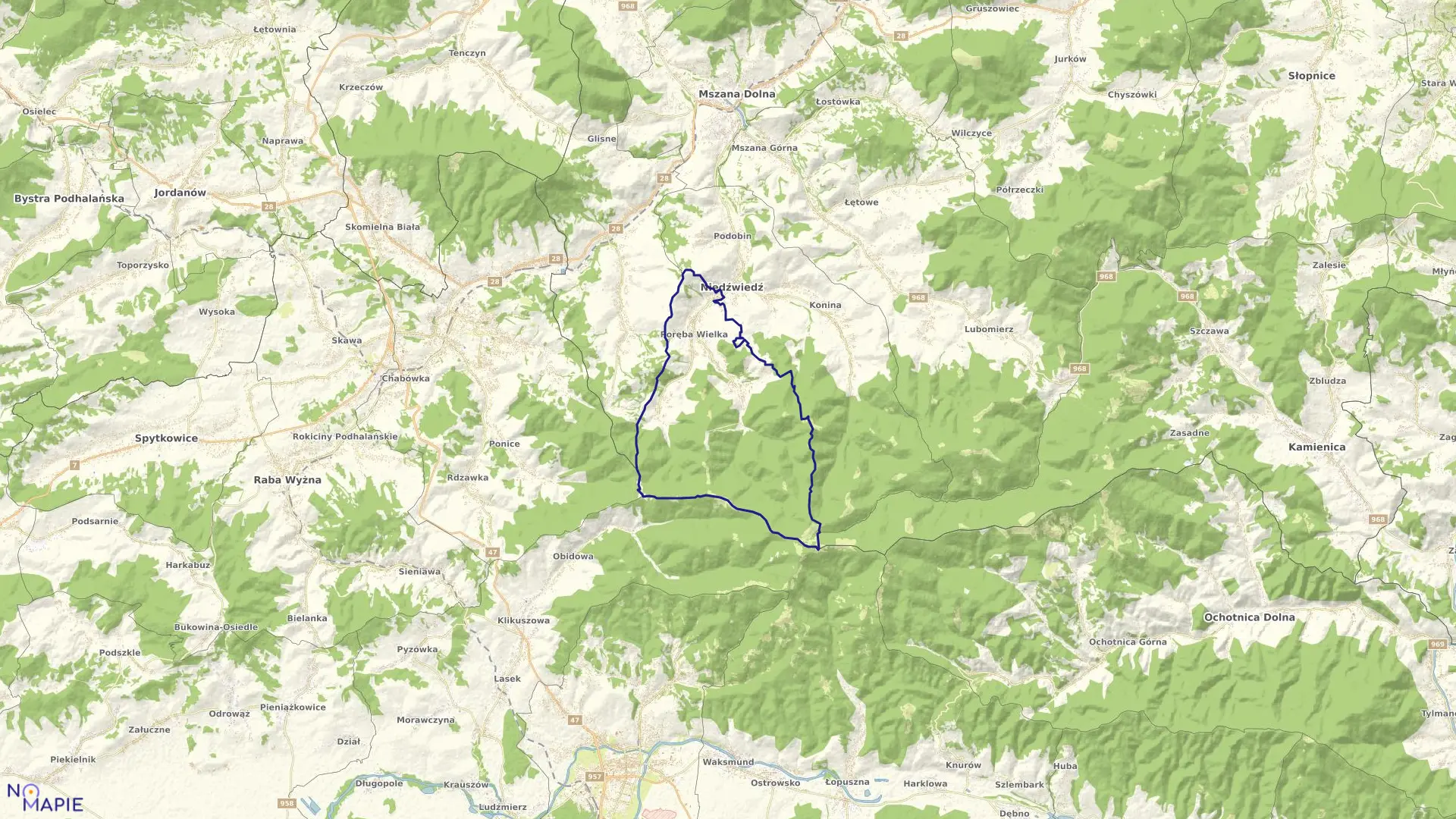 Mapa obrębu Poręba Wielka w gminie Niedźwiedź